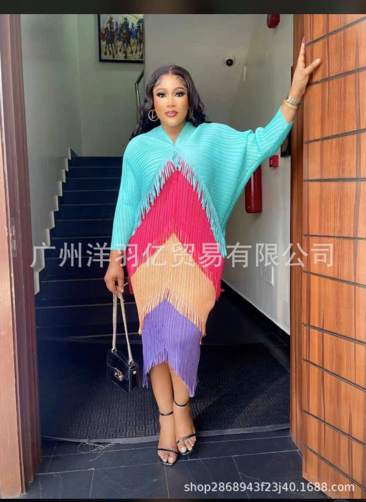 African Women Fashion Pleated Color Matching Dress