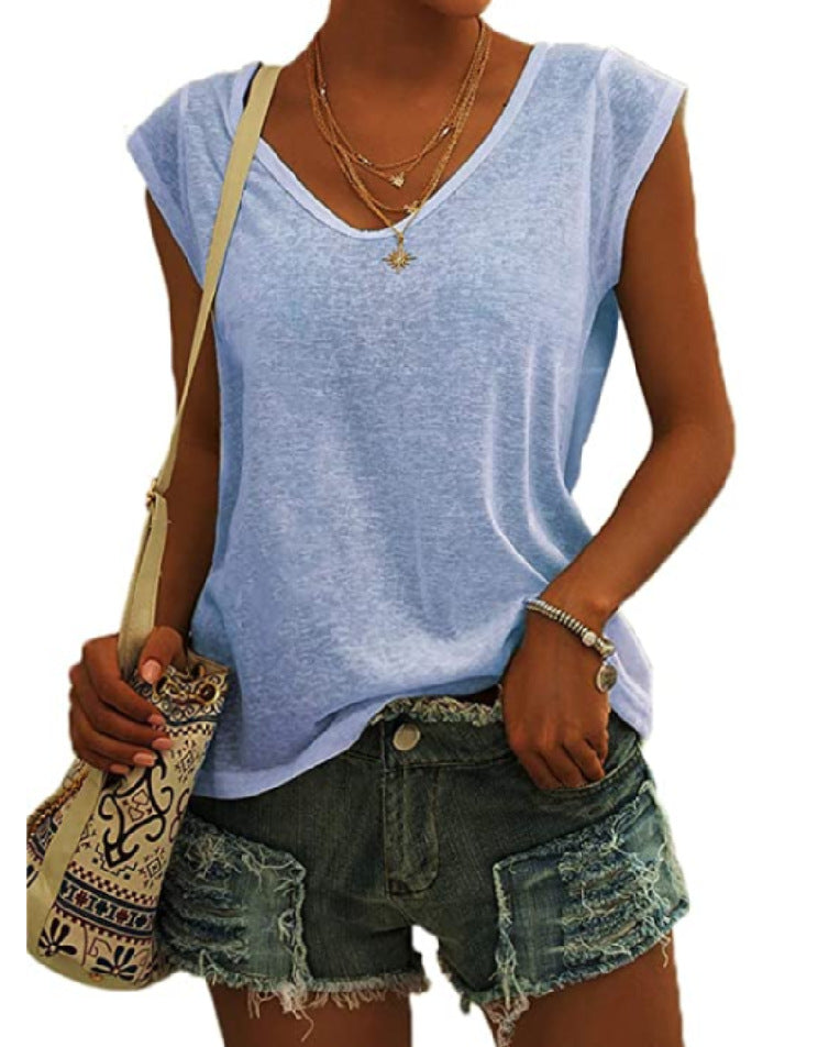 Summer Women Simple Solid Color V-Neck Blank T-Shirt