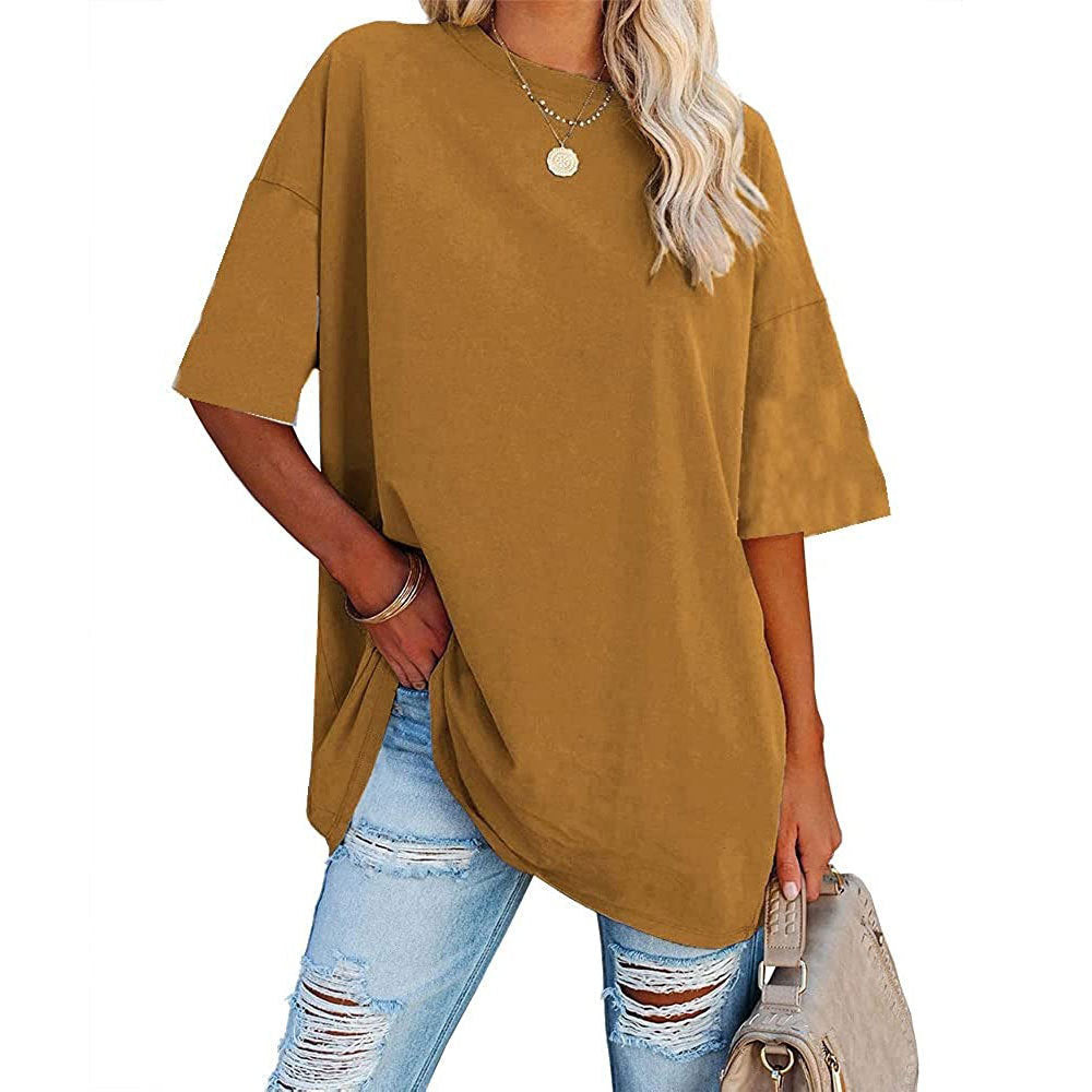 Camiseta informal de manga corta con cuello redondo para mujer, lisa, holgada y lisa