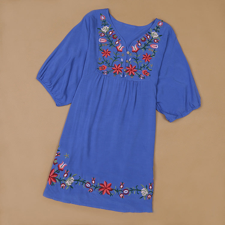 Women Casual Boho Floral Embroidered V-Neck Short-Sleeve Dress