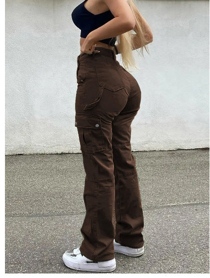 Pantalones ajustados informales de color liso con múltiples bolsillos y muy elásticos para mujer