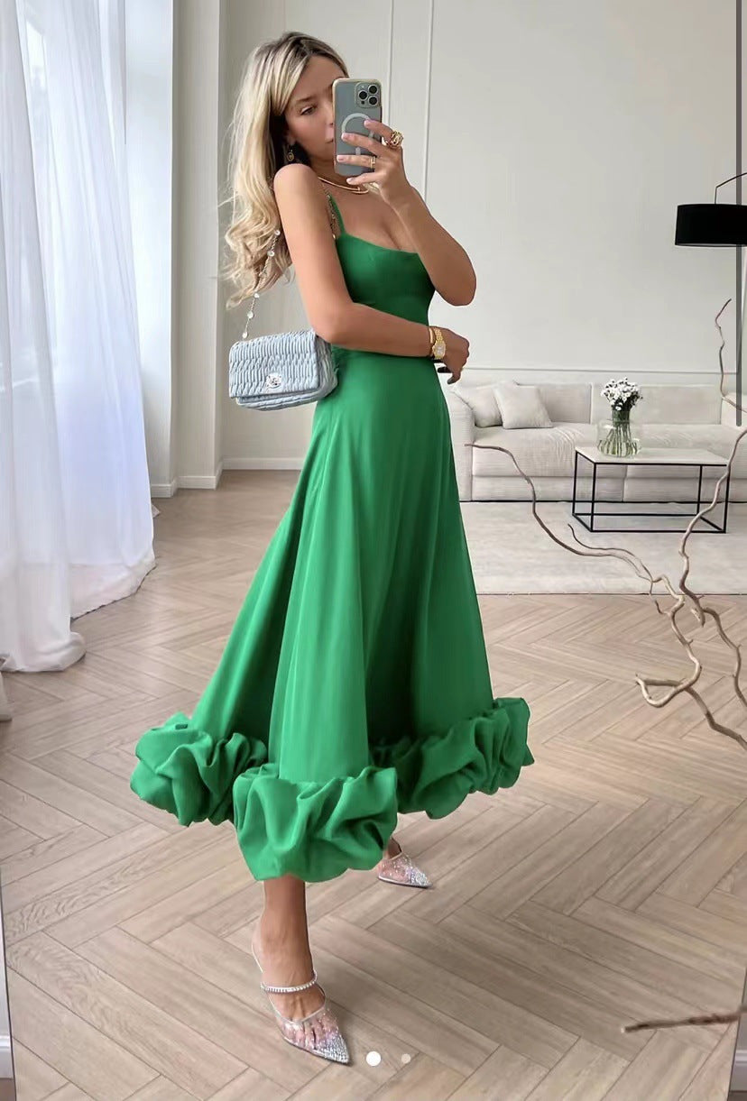 Women Fashion Elegant Solid Color Spaghetti Strap Dress