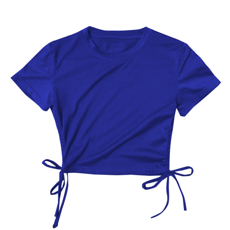 Top corto de manga corta con cordón ajustable, sexy, de color liso, a la moda para mujer