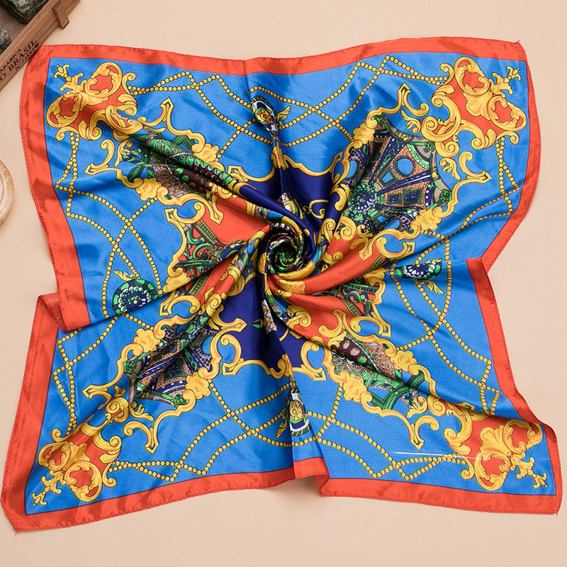 Grand foulard carré en satin imprimé mode femme, joli motif floral