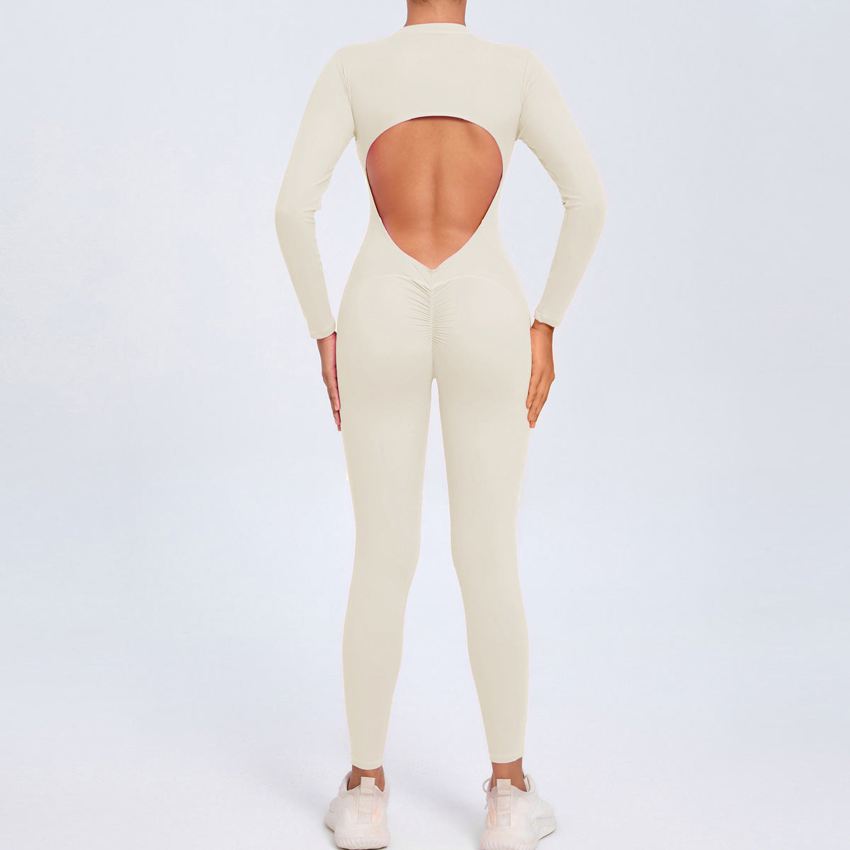 Women Fashion Solid Color Zipper Long-Sleeve Yoga Jumpsuit