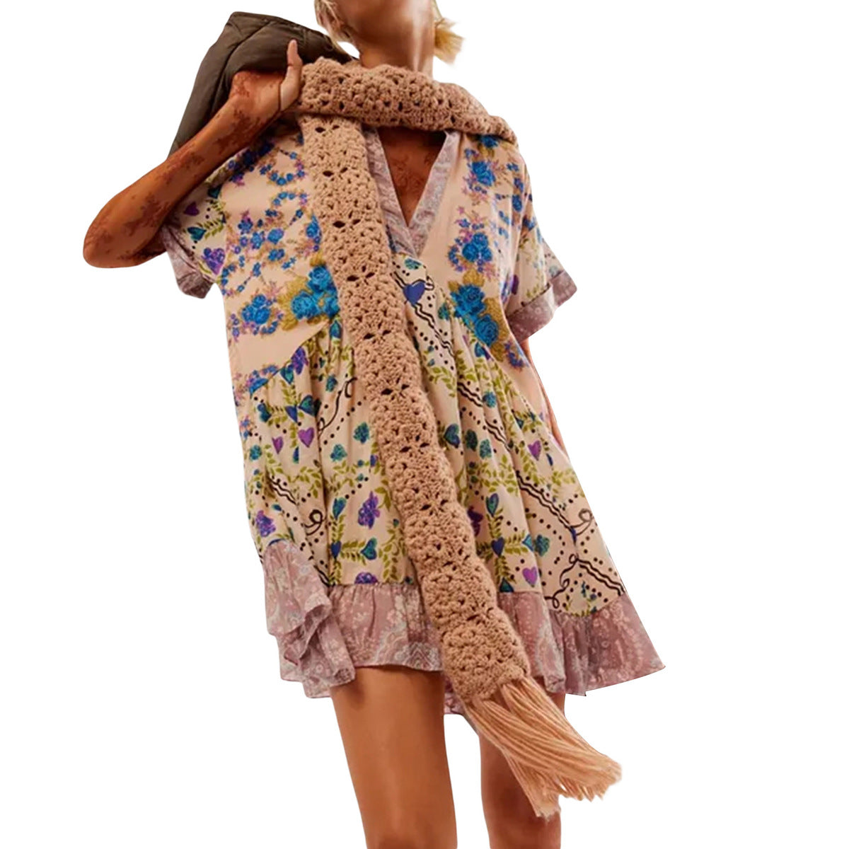 Women Fashion Casual Boho Multicolor Printed Stripe V-Neck Dress