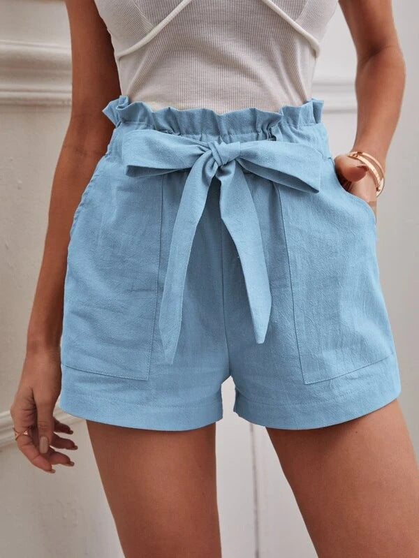 Pantalones cortos casuales de lino sueltos de cintura alta para mujer