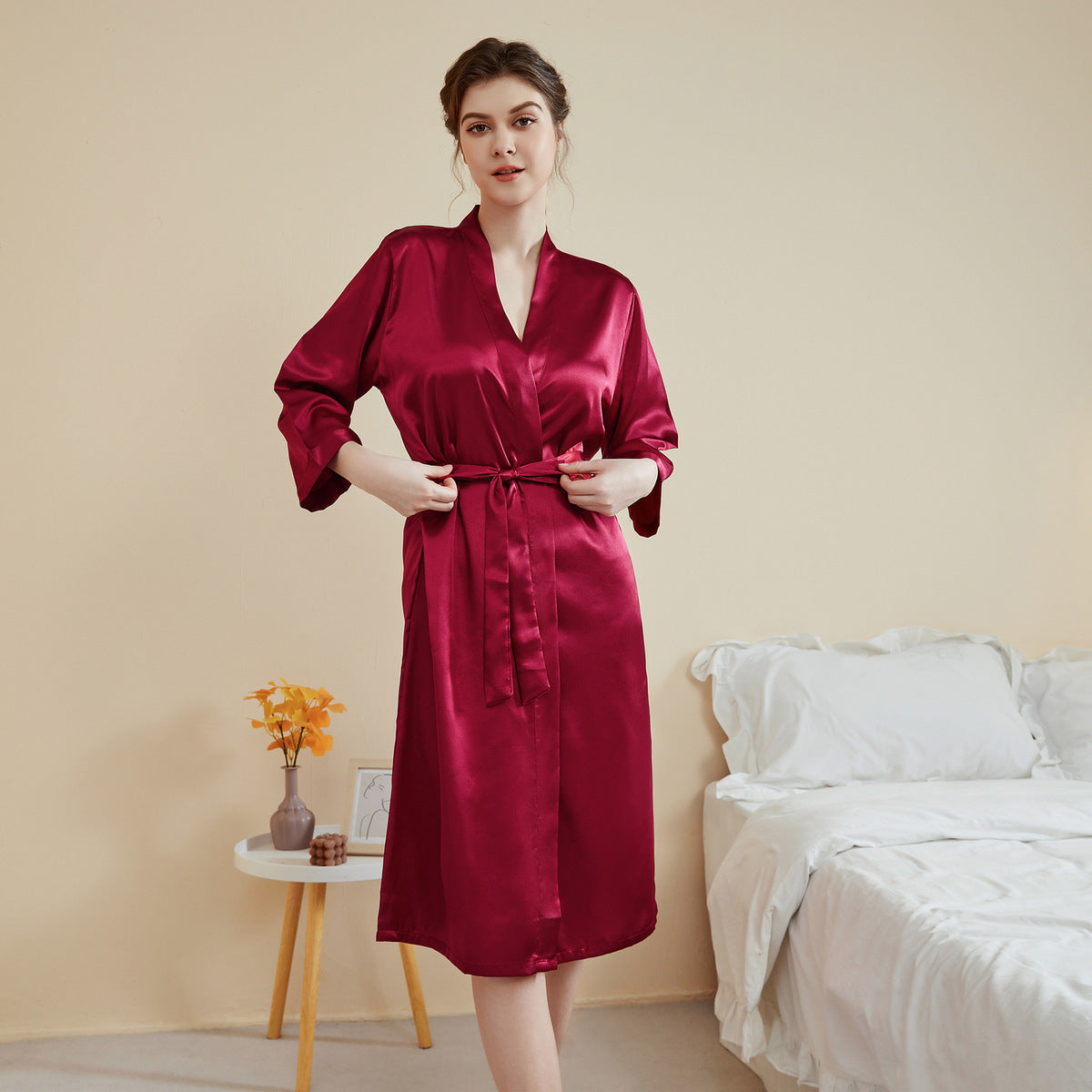 Women Fashion Satin Long Sleeve Lace-Up Pajamas Casual Loose Style