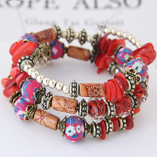 Women Fashion Boho Handmade Wooden Beaded Shell Gravel Crystal Multilayer Bracelet