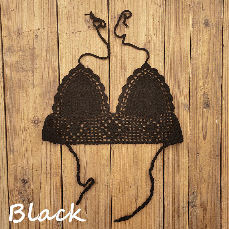 Top de bikini de crochet con cuello halter, sexy, de color liso para mujer