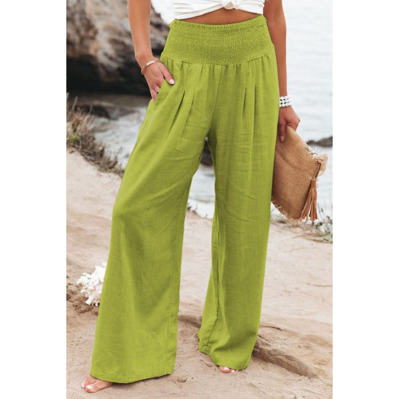 Women Fashion Casual Solid Color Cotton Linen Wide Leg Pants