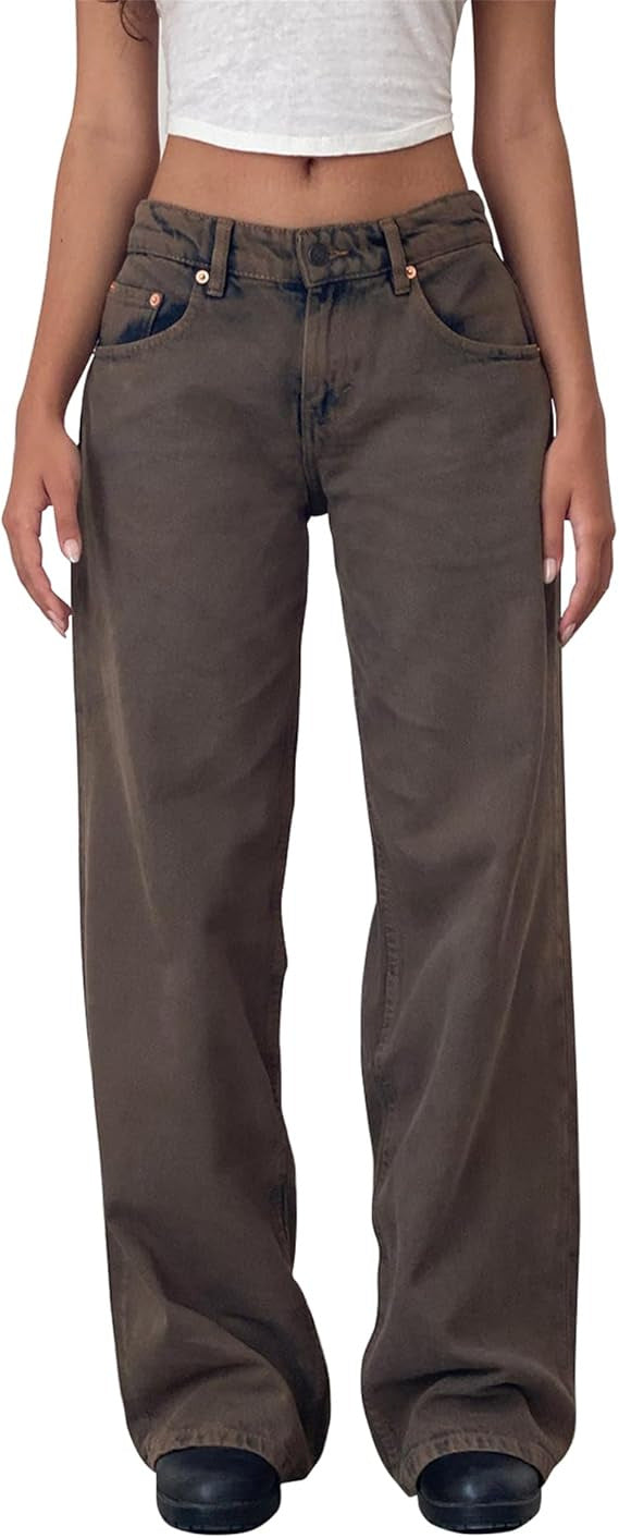 Vaqueros rectos de cintura baja de color liso retro casual para mujer