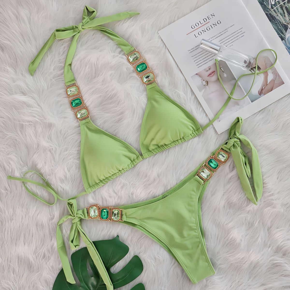 Bikini sexy con tirantes de diamantes de imitación de color sólido para mujer