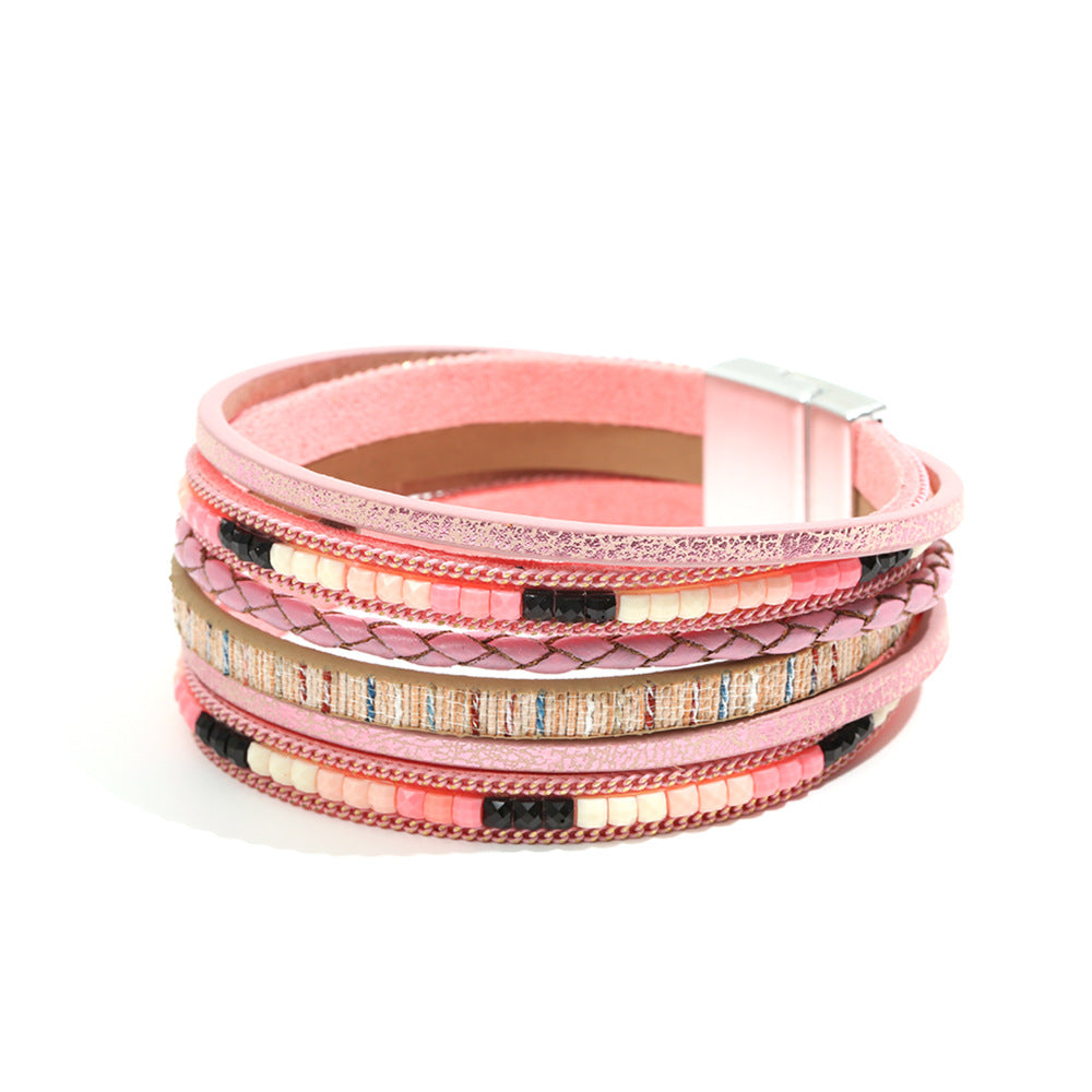 Pulsera bohemia de cuero multicapa con hebilla magnética