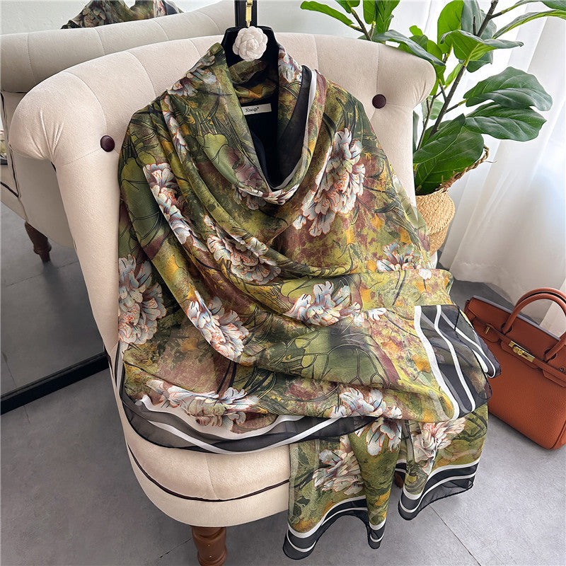 Summer Women Fashion Geometric Leaves Printed Silk Scarf