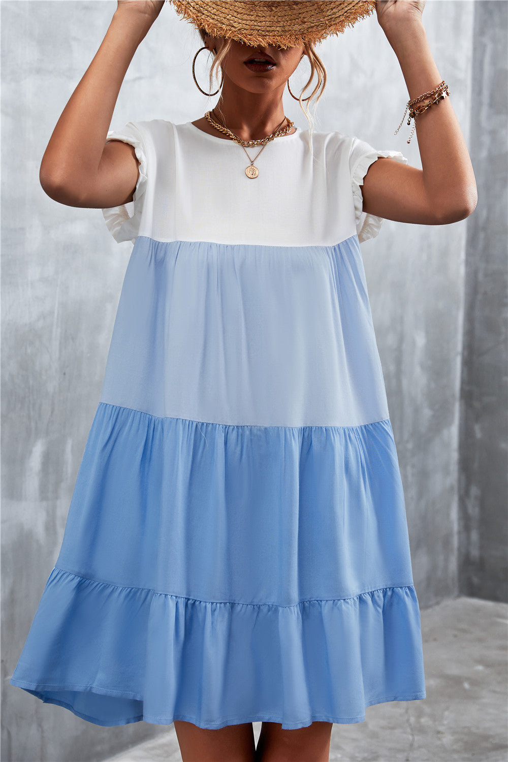 Women Bohemian Summer Short Sleeves Color Blocking Ruffled Dress