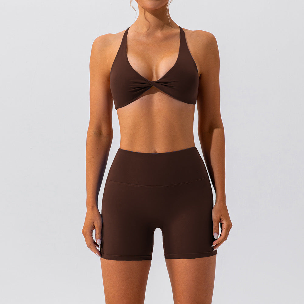 Women Fashion Solid Color Halter-Neck Crop Top Set