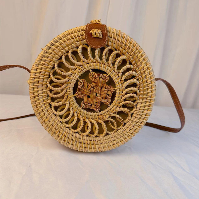 Sac rond en paille tissée vintage de style bohème