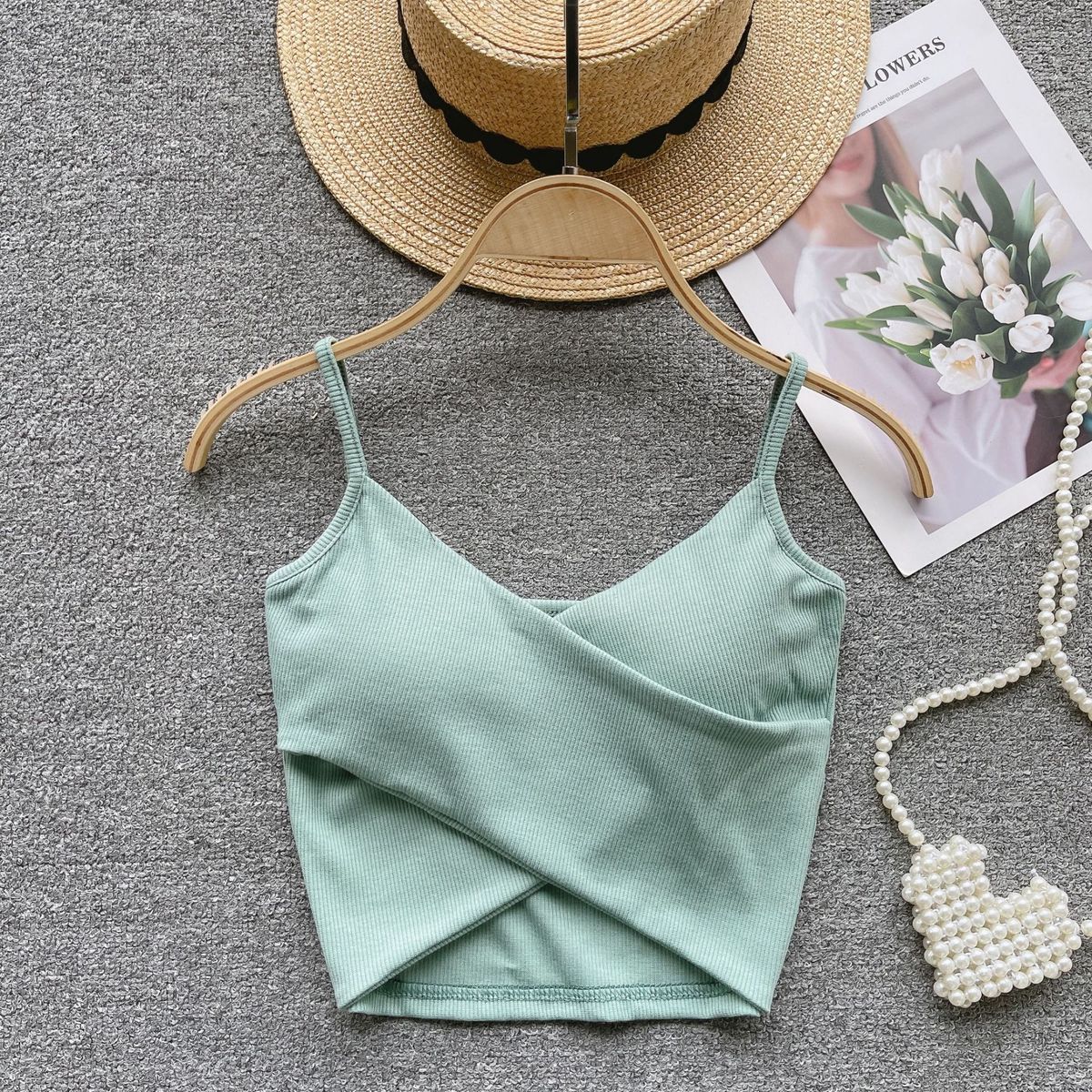Women Sexy Solid Color Threaded Cross Camisole Crop Top