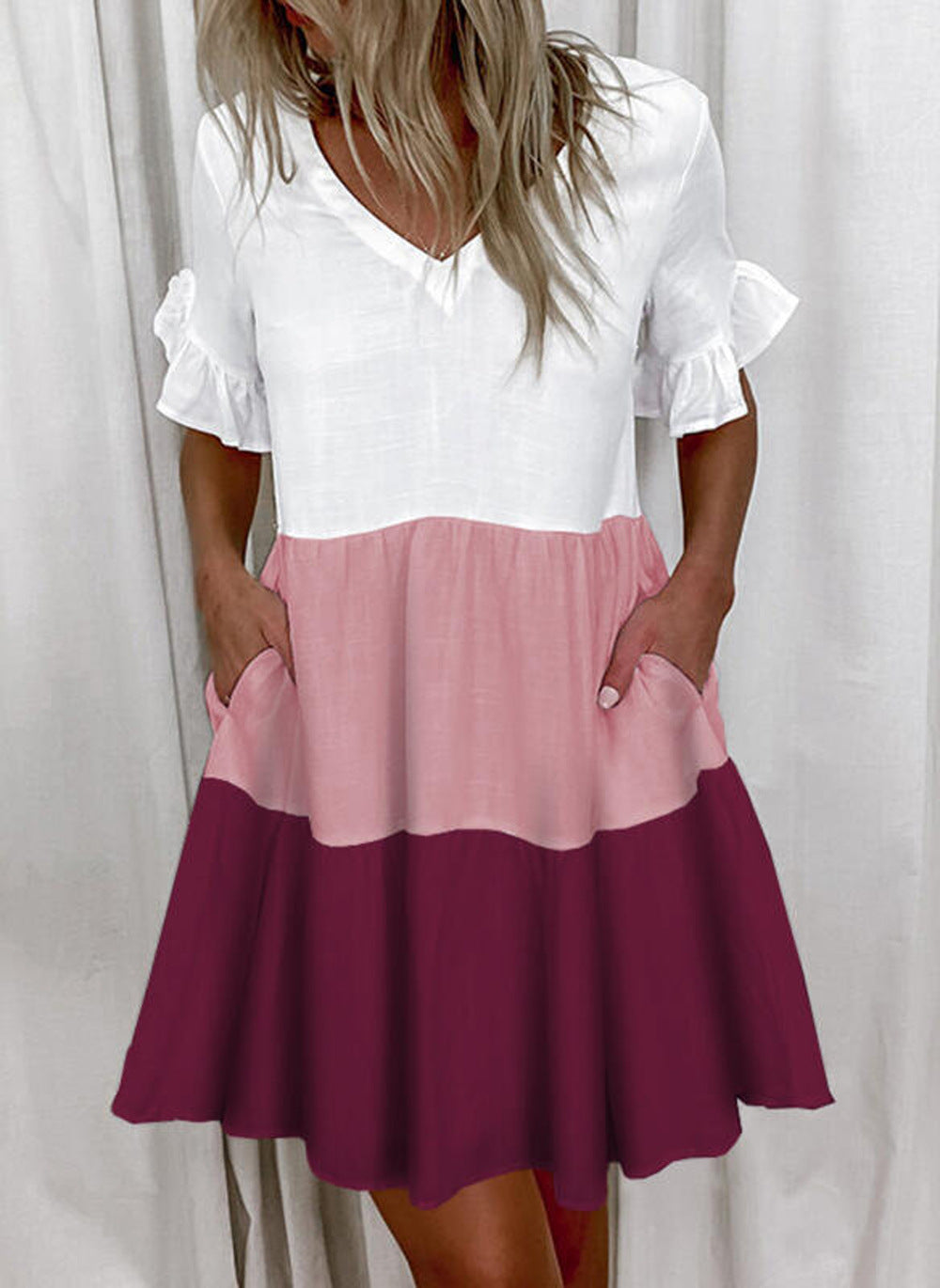 Vestido casual con cuello en V y estampado de bloques de color para mujer