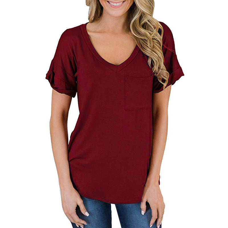 Camiseta lisa de manga corta con cuello en V para mujer
