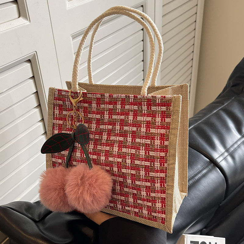 Women Fashion Casual Color Block Cherry Pendant Tote Bag