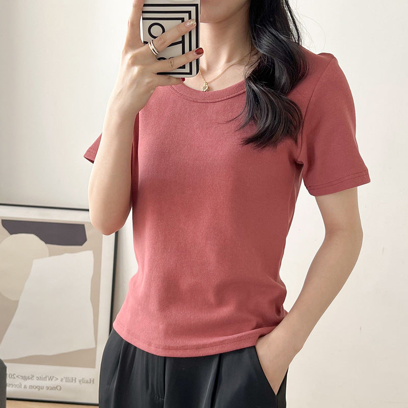 Fashion Basic Women Solid Color Rib-Knit Short Sleeve Blank T-Shirt
