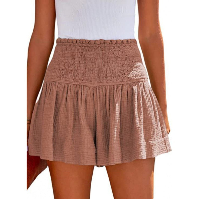 Pantalones cortos plisados de cintura alta informales de algodón y lino para mujer