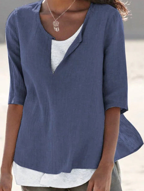 Blusa informal de lino con cuello en V y color liso para mujer