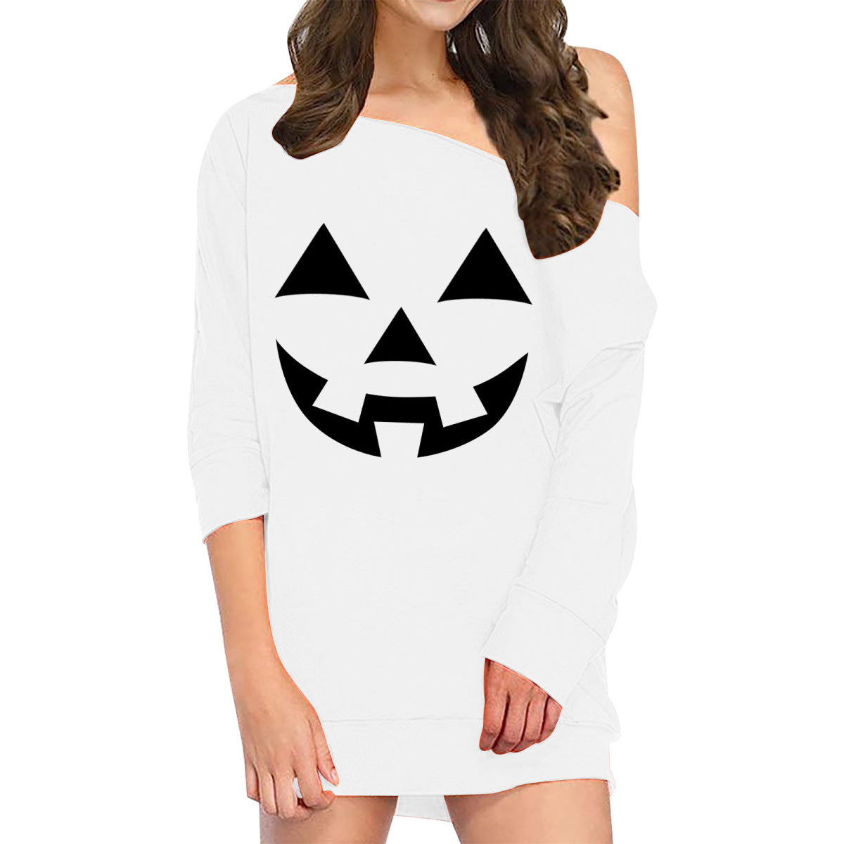 Vestido holgado de manga larga con estampado de calabaza y sonrisa de Halloween para mujer