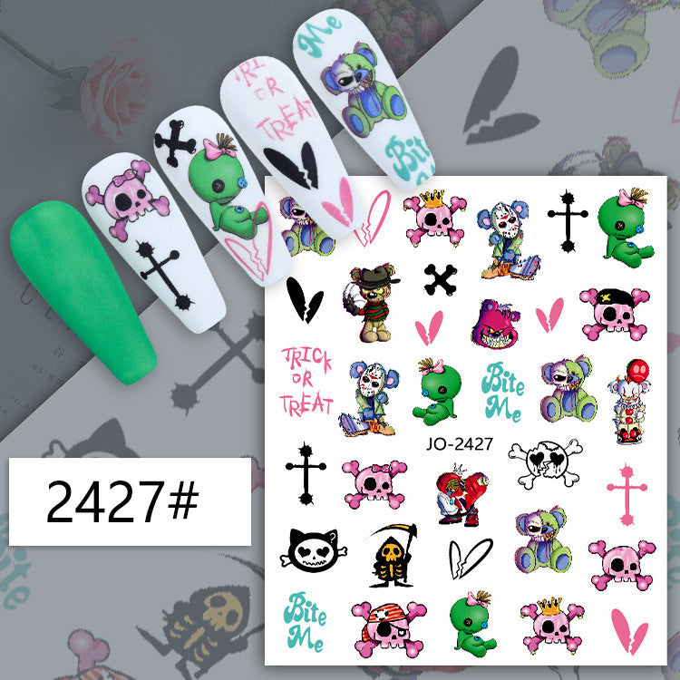 Autocollants pour ongles Halloween, motif crâne, citrouille, chat noir