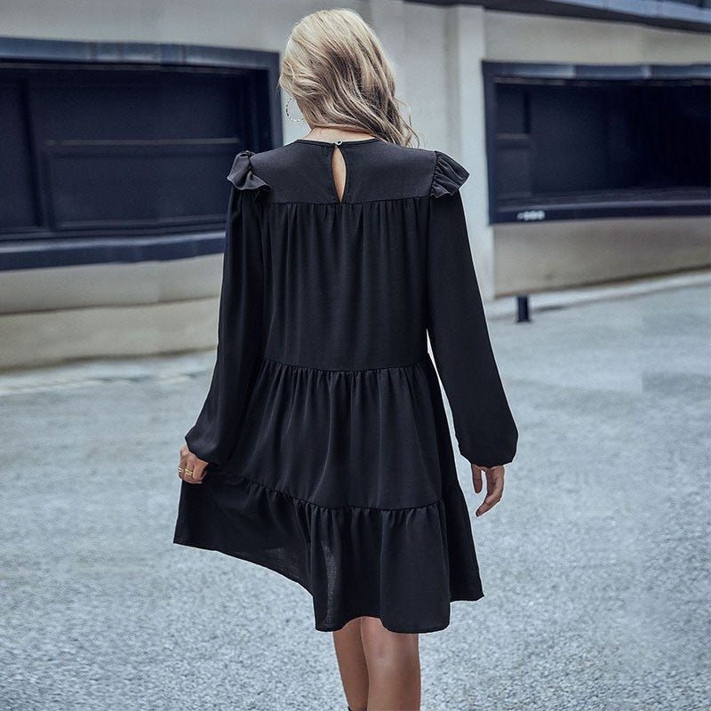 Long Sleeve Black Loose Hepburn Style Dress