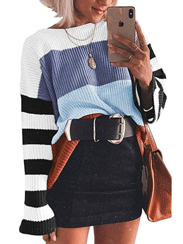 Contrast Color Long Sleeves Sweater Tops