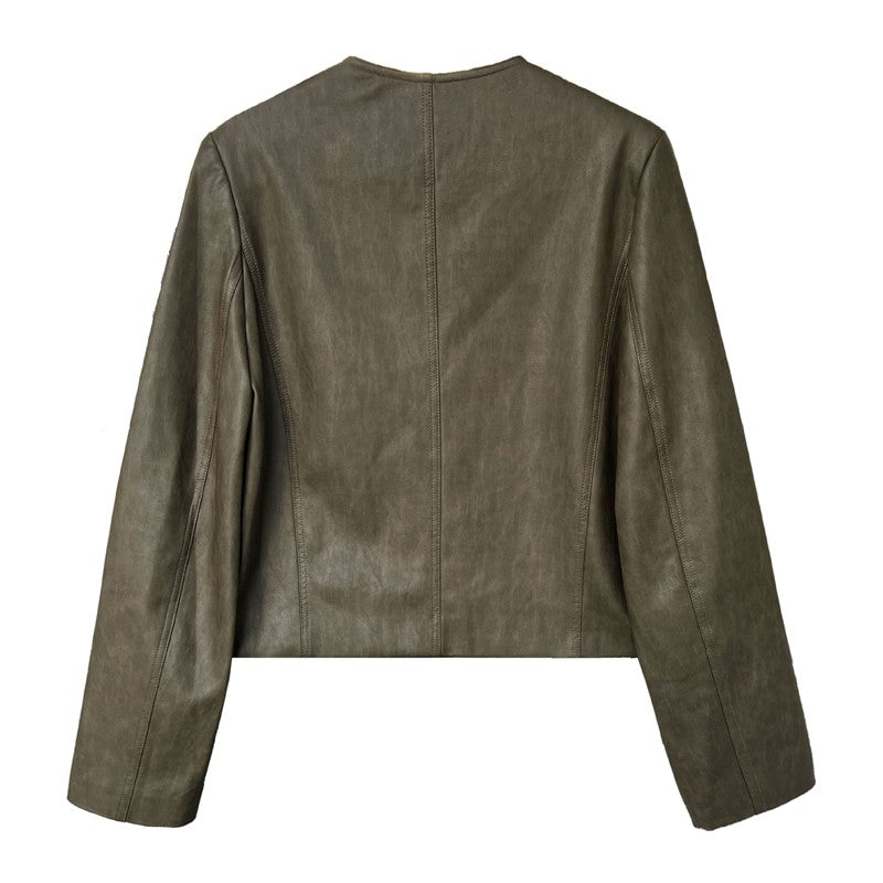 Retro Crewneck Long Sleeve Single Breasted Short PU Leather Jackets