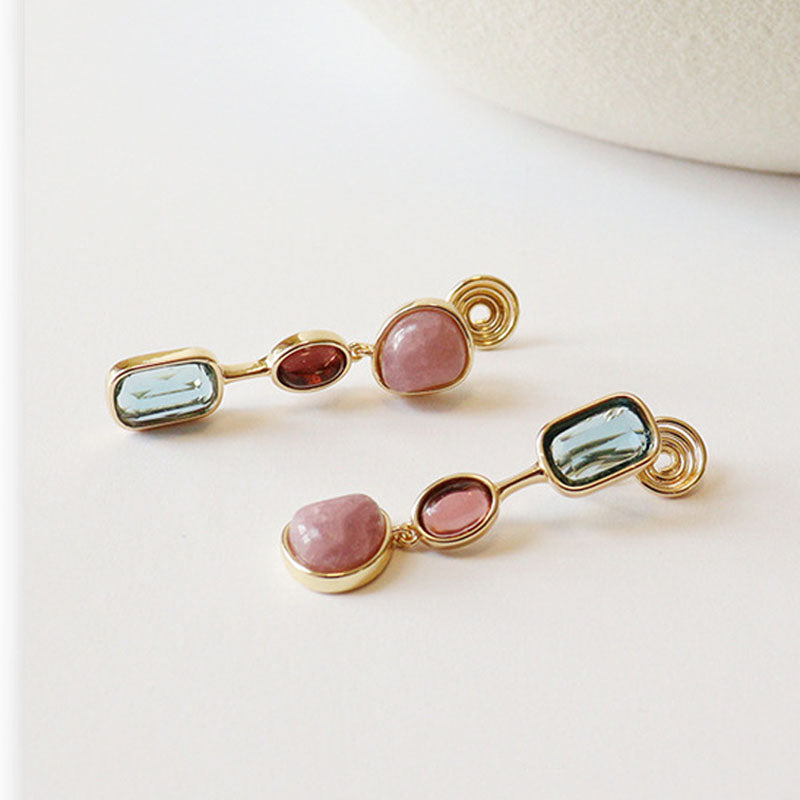 Gold Plated Square Stone Dangle Earrings