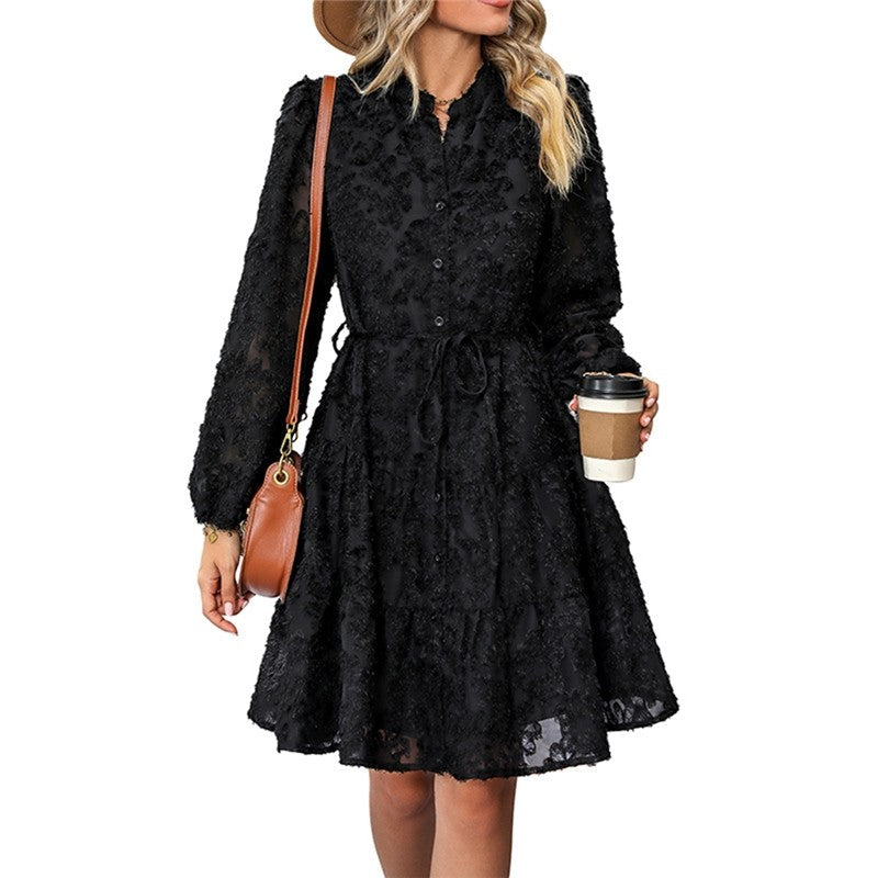 Ladies Lace Stand Collar Long Sleeve Shirt Dress