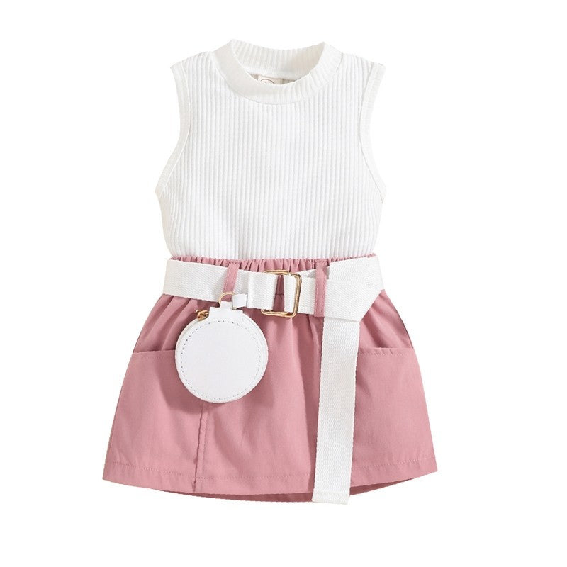 Crewneck Sleeveless Ribbed Vest And Skirt And Belted Waist Bag Three Pieces Suits