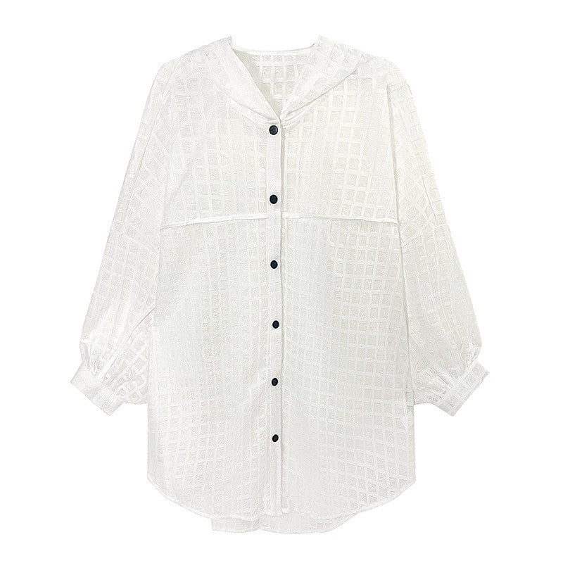 Solid Color Batwing Sleeve Single Breasted See-Through Casual Loose Blouse