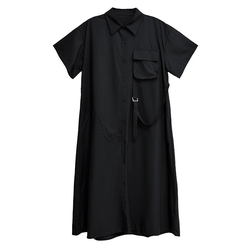 Simple Collar Pocket Shirt Dress Loose Sleeve