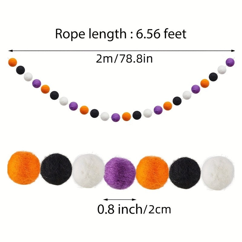 2M 24PCS Colorful Felt Pompoms Pendant Hanging Garland Halloween Decoration