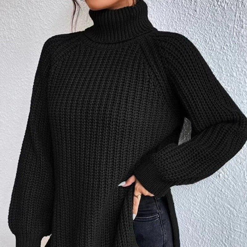 High Collar Raglan Sleeve Sweater Mid-Length Slit Hem Sweater