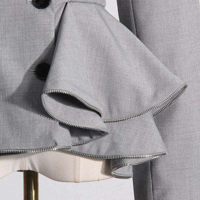 Solid Color Long Sleeve Lapel Buttoned Ruffled Slim Blazer Outerwear