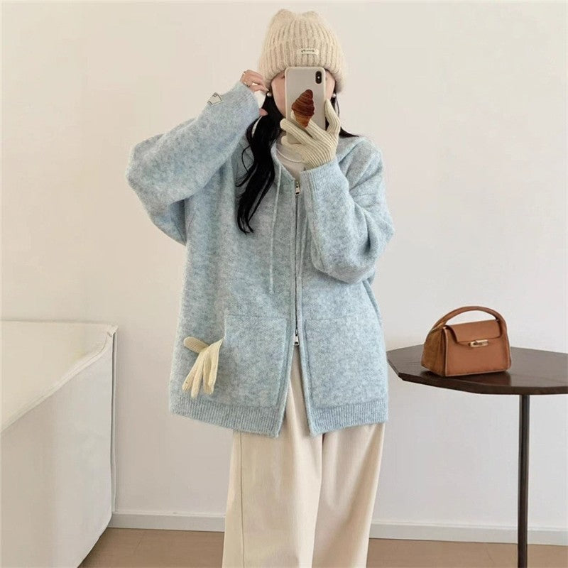 Hooded Zip-Front Knit Cardigan Women's Thickened Loose Fit Sweater