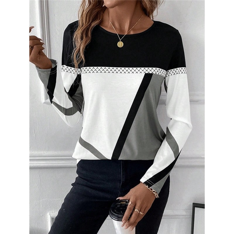 Round Neck Contrast Patchwork Geometric Print T-Shirt