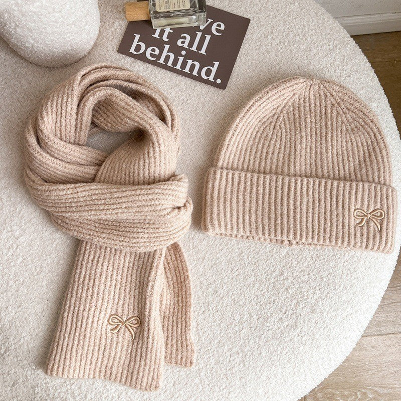 Kids Knit Bow Embroidered Hat Scarf Set