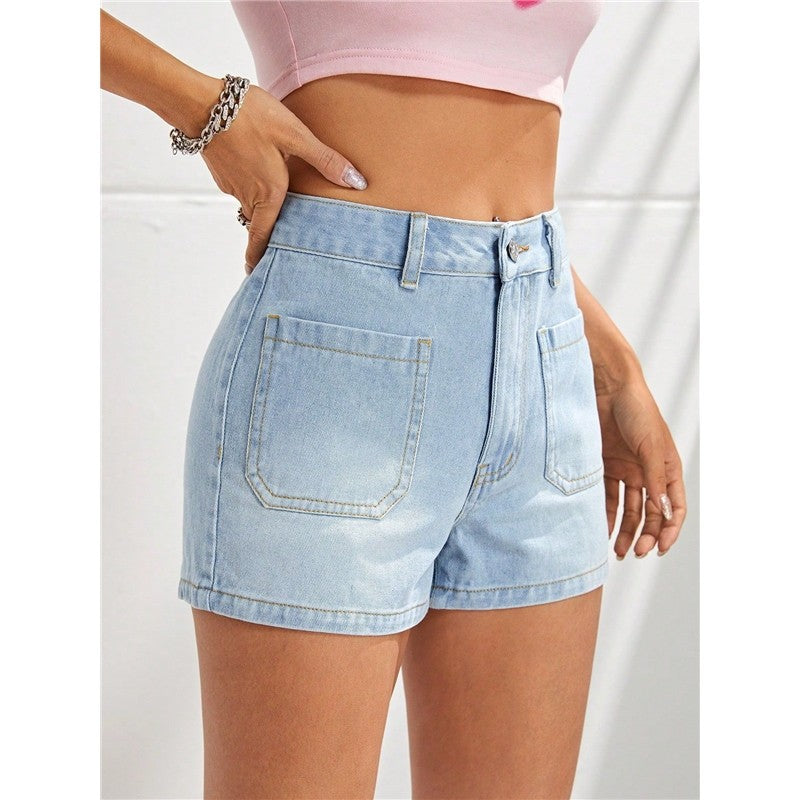 Classic Light Blue Buttoned Slimming High Waist Denim Shorts