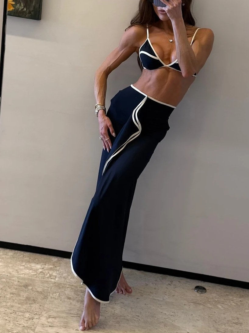 Color Block String Bikini With Cover