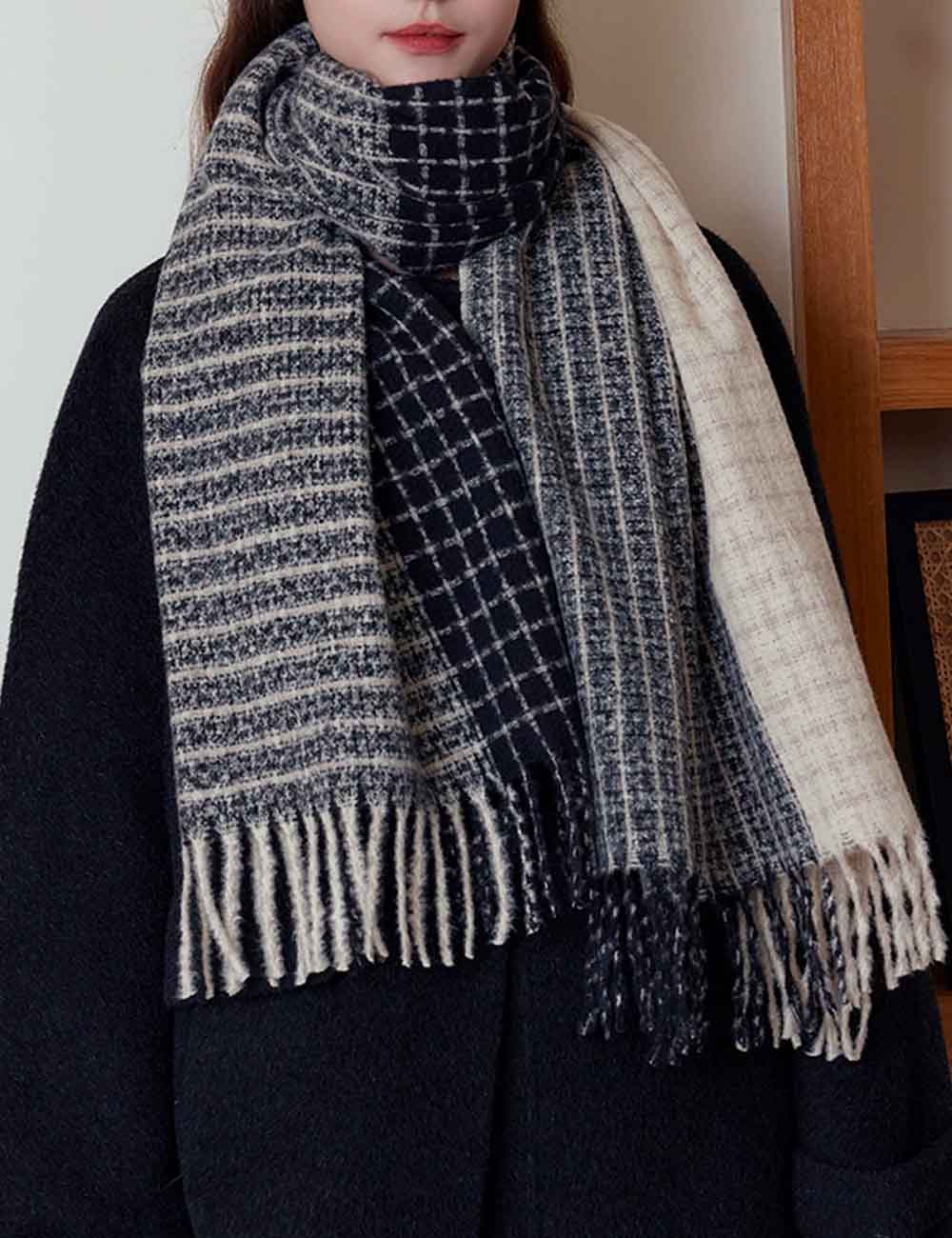 Soft Wool Blend Checkered Fringe Scarf