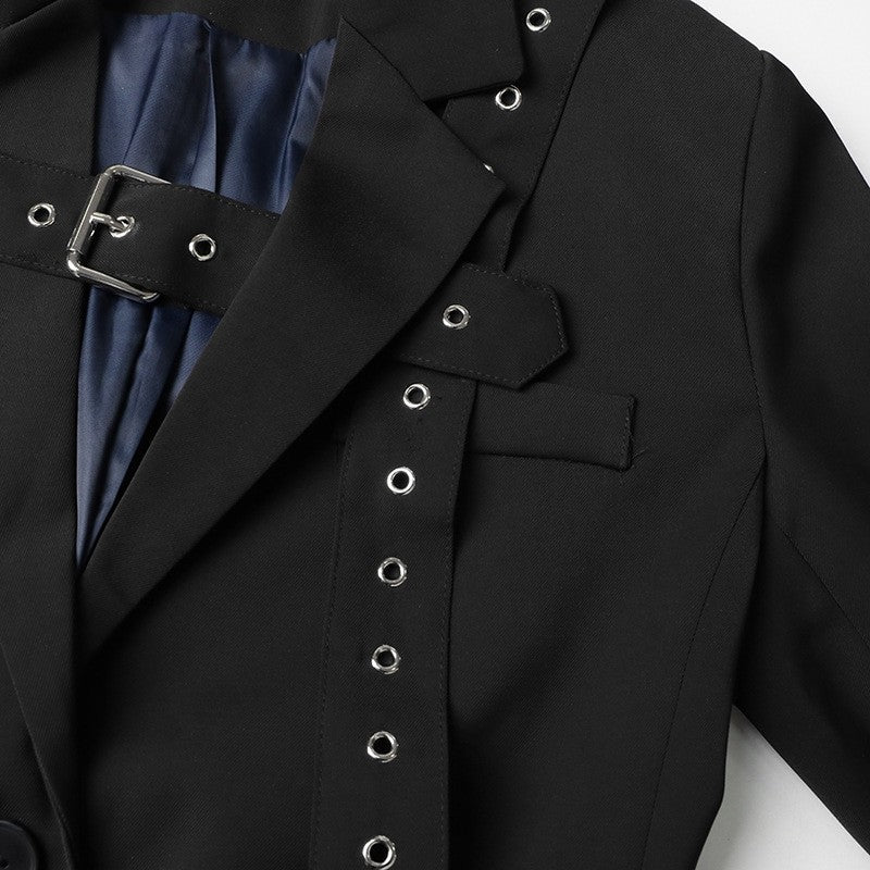 Long Sleeve Lapel Buttoned Rivets Belted Blazer Outerwear