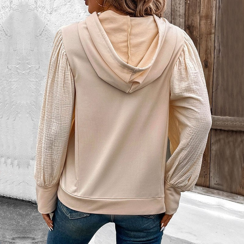 Solid Color Hooded Sweatshirt With Bubble Sleeves